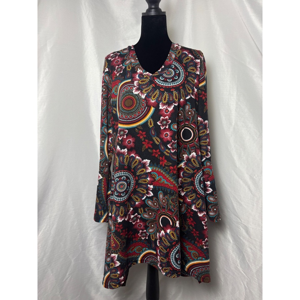 WinWin Tunic Dress Women L-XL Black Red Paisley Boho 70s